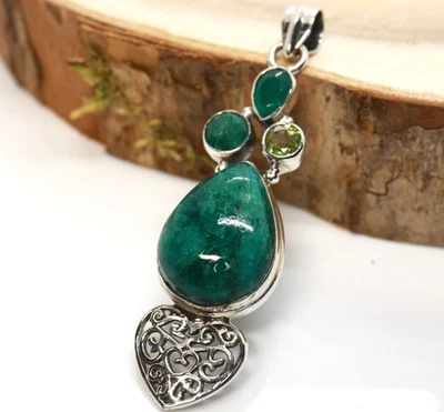 GOLDJUNGE69 GW * CHROMDIOPSID & SMARAGD * HERZ * EDELSTEIN ANHÄNGER 925 SILBER - Bild 1 von 3