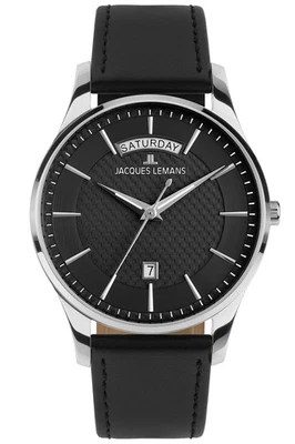 JACQUES LEMANS Herrenuhr London mit Lederband Schwarz 1-2193A - Bild 1 von 4