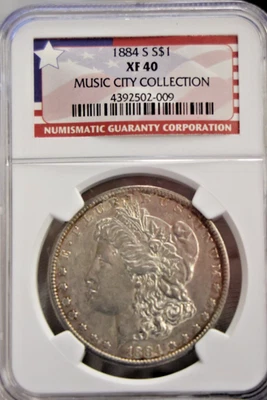 Dólar de plata Morgan 1884 S US $1 NGC XF 40 Music City Collection Foto 1 de 4