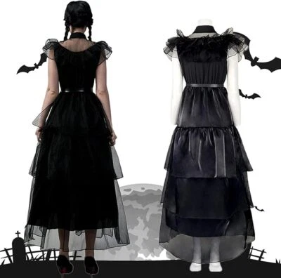 Women Girls Wednesday The Addams Family Costume Fancy Mash Dress Birthday Party