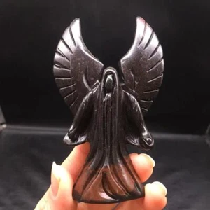 Natürlicher Schwarz Gold Stein Quarz Kristall geschnitzt Engel Heilung Reiki Decora 3,93 Zoll - Bild 1 von 10