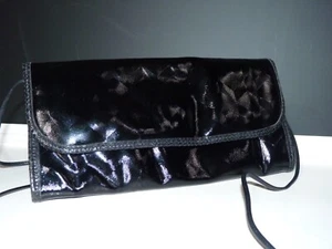 Vintage 1980s Carlos Falchi Black Patent Leather Clutch Purse w Shoulder Strap - Picture 1 of 13