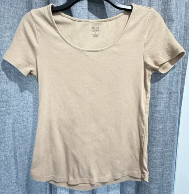 Falls Creek Ribbed Scoop Neck Short Sleeve Tan Womans Small Top Neutral - Image 1 of 4
