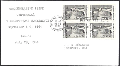 Canada  #431 Block    "CONFEDERATION MEMORIAL"    Used  1964 First Day Cover - Image 1 of 2