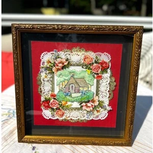 Gorgeous framed watercolor of a house; paper lace, flowered paper must see - Picture 1 of 6