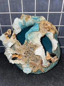 Unmarked Studio Art Pottery Sea Life Octopus Fish Vase Ocean Blue Green 10" Dia - Picture 1 of 11
