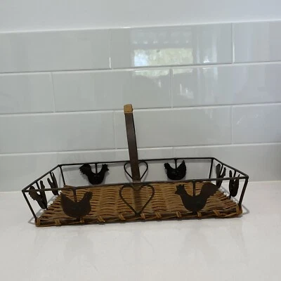 Vintage Metal Wicker Came Bread Basket Rooster Heart Retro Country farmhouse - Image 1 of 4