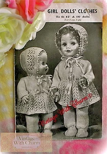 Vintage 1940s Dolls Clothes Knitting Pattern. Fit 12 inch & 16 inch Baby Dolls  - Picture 1 of 1