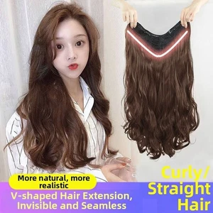 V Shape Invisible Long Hair Extensions Wavy Curly Human Hair Piece Easy Styling - Picture 1 of 23