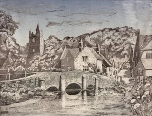 MARGARET E. Z. LEVINSON acquaforte acquatinta firmata CASTELLO COMBE IL VECCHIO PONTE - Foto 1 di 5