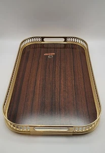 Vtg Italian Serving Tray Gilded Brass Openwork Pattern Frame Faux Rosewood Base - Picture 1 of 16
