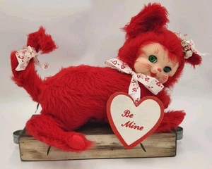 Vintage 1950er Rushton blinkendes Gummi Gesicht rotes Fell "Be Mine" Katze Plüsch mit Band - Bild 1 von 24