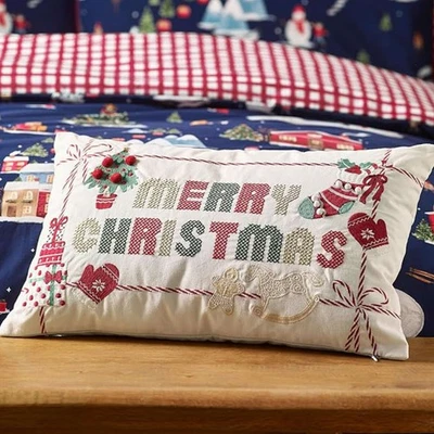 Merry Christmas Natural Cushion Cross Stitch Design By Catherine Lansfield - Image 1 of 3