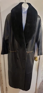 BETTINA Vintage Cuero Negro Largo Gabardina con Borde de Piel; Bolsillo con Cremallera Talla 8 - Imagen 1 de 24