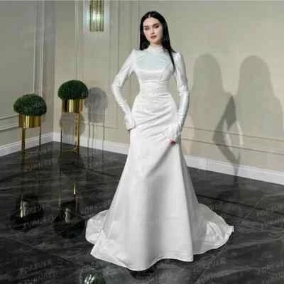 Simple Mermaid Wedding Dresses Muslim Woman's Long Sleeve High Neck Bride Gowns - Image 1 of 3