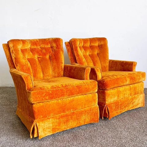 Mid Century Modern Orange Velvet Tufted Swivel Rocking Chairs - a Pair Cover