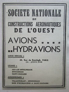 1938-1939 PUB SNCAO AVIONS HYDRAVIONS BOUGUENAIS SAINT NAZAIRE FRENCH AD - Picture 1 of 1