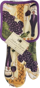 2 pc Set: 1 Oven Mitt & Pot Holder, WINE BOTTLE, GLASS & GRAPES, purple back, BH - Picture 1 of 6