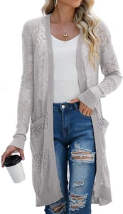 Womens Lightweight Longer Length Cardigan Long Sleeve Casual Crochet Open-Front - Picture 1 of 12