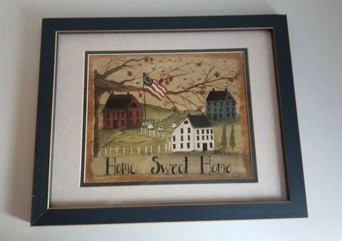 Home Sweet Home Framed Matted Print House Hillside Sheep Colonial American Flag Cover