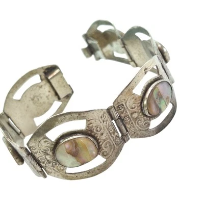 Vintage Taxco Mexico Art Deco Sterling Silver with Abalone Hinged Panel Bracelet - Image 1 of 4