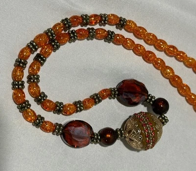Collar Boho Naranja Vidrio Cuentas Cuentas Rojo Facetado y Filigrana Dorada Foto 1 de 4