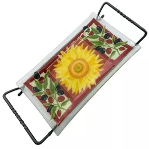 Peggy Karr TUSCANY Fused Art Glass Tray Olives Sunflower w/ Metal Stand - Picture 1 of 11
