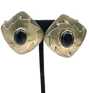 DD28 Vintage Modernist México 925 Sterling Silver & Black Onyx Clip On Earrings - Picture 1 of 6