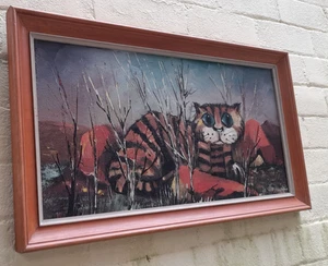 Vintage Oil Painting 1950s  Abstract  Wild Cat Portrait Signed C.Rox English Art - Picture 1 of 7