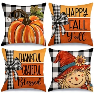 GEEORY Fall Throw Pillow Covers 18x18 Inch Set of 4 Buffalo Plaid Pumpkin Sca... - Picture 1 of 8
