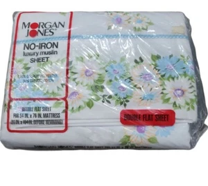 Vintage NOS Morgan Jones Double Flat Sheet Blue Green Orange Floral - Bild 1 von 2