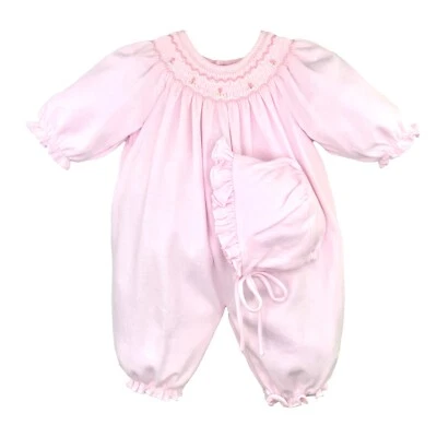 NWT Petit Ami Pink Smocked KNIT Convertible Newborn Gown Romper Hat Baby Girls 0 - Image 1 of 3