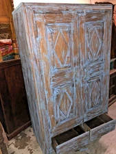 Antique BOHO ECLECTIC Cabinet Chest RUSTIC BLUE CARVED Armoire FARMHOUSE DECOR