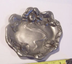 Vintage Elias Fine Pewter Trinket Dish Art Nouveau pretty woman 4 1/2 inch - Picture 1 of 3