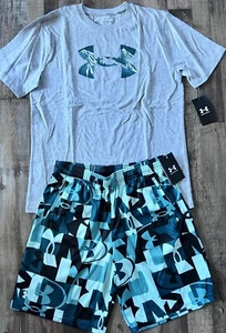 NWT Under Armour Boys YXL Gray/Teal/Black Mountain Scene BIG LOGO Shorts Set XL - Picture 1 of 5