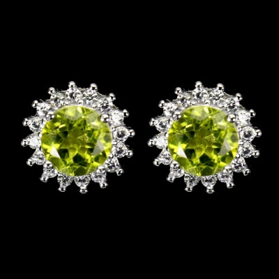 925 Sterling Silver Earrings Round Peridot 7mm Gemstone Jewelry - Image 1 of 4
