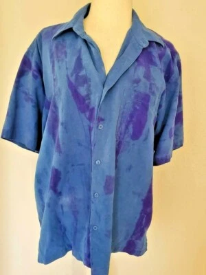 short sleeve SHIRT navy Blue indigo denim Purple tie dyed Silk beach summer larg - Image 1 of 3