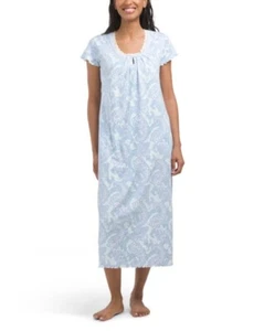 NWT Miss Elaine SS Blue Paisley Long Cottonessa Gown Sz M L 60% Cotton Pockets! - Picture 1 of 9