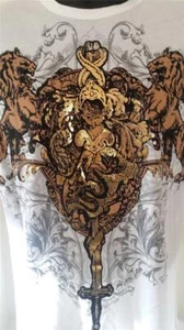 Two Lions Foil Tattoo Men's Fitted Tee,(30 Single Light Weight) White, Sz M - Picture 1 of 2