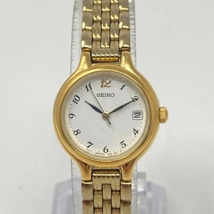 Seiko Watch Women 23mm Gold Tone Date 7N82-0228 White Dial Round New Battery 6" - Picture 1 of 20