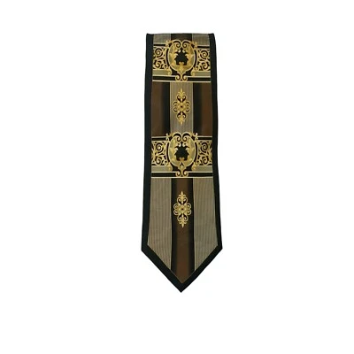 BERGAMO NUEVA YORK CORBATA PARA HOMBRE MARRÓN TOSTADO BEIGE ESCUDO DORADO HECHO A MANO 100% SEDA PURA Foto 1 de 4