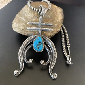 Kingman Turquoise Pendant Navajo Pearls Sterling Silver Neckalce 11518 - Picture 1 of 12