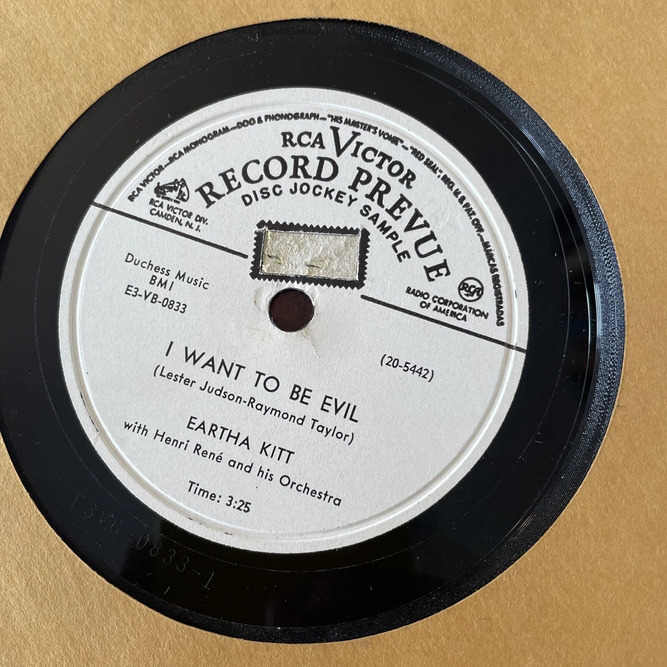 Rare EARTHA KITT 78RPM DJ white label I WANT TO BE EVIL/ANNIE DOESN'T LIVE HERE - Image 1 of 2