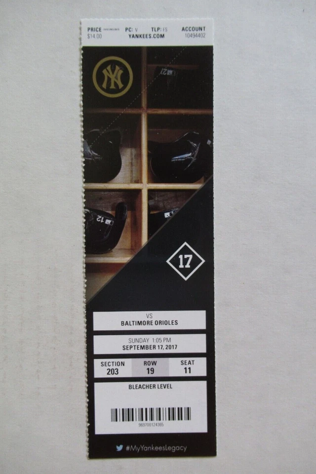 NEW YORK YANKEES VS ORIOLES 9/17/2017 FULL TICKET ~ BECKHAM/GREGORIUS HRs Foto 1 de 1