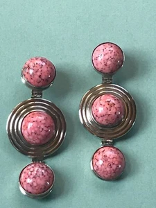 Large & Long Pink & Black Mottled Plastic Cabs in Round Silvertone Frames MODERN - Picture 1 of 5