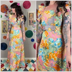 Maxi Vestido Vintage Años 70 Pastel Psicodélico Sin Mangas Volantes | XS - 32" Busto - Imagen 1 de 6