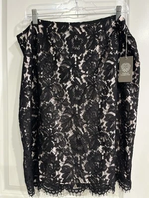 NUEVO CON ETIQUETAS Vince Camuto Talla 14 Negro Encaje Rosa Base Mezcla Algodón Falda ¡Regalo! Foto 1 de 4