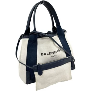 BALENCIAGA Handbag NAVY CABAS w/ Pouch 2way Shoulder Strap XS White x Navy USED - Picture 1 of 19