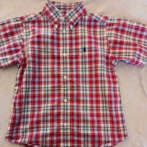 POLO RALPH LAUREN BOYS BUTTON DOWN SIZE 5 Red WHITE PLAID EMBROIDED PONY  - Picture 1 of 4