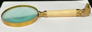Vintage Brass hunting dog head table magnifying glass bone handle Blue Tint Lens - Picture 1 of 13